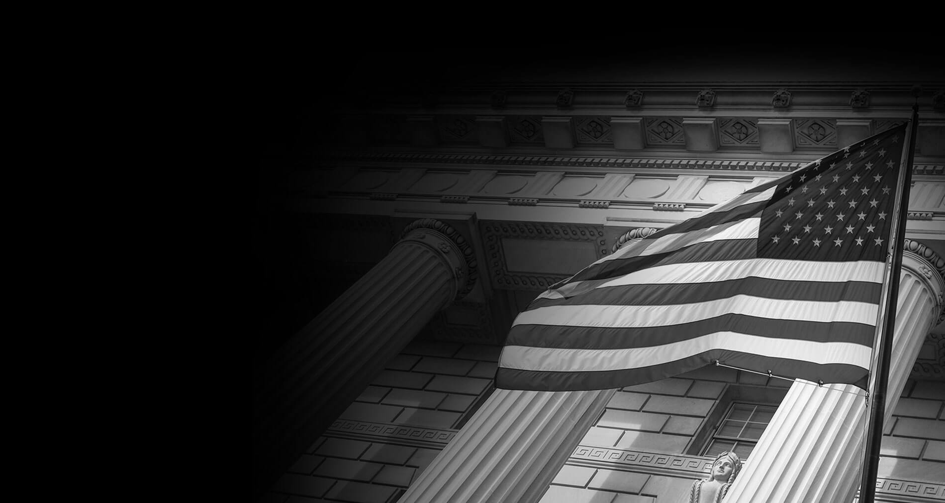 A black and white photo of the american flag.